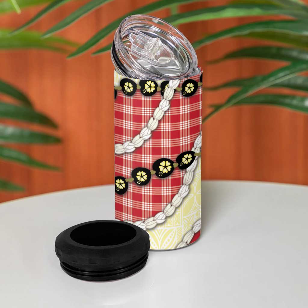Red Palaka Hawaii 4 in 1 Can Cooler Tumbler Kukui Nut Pikake Lei Hawaiian Tapa Pattern - Polynesian Pride