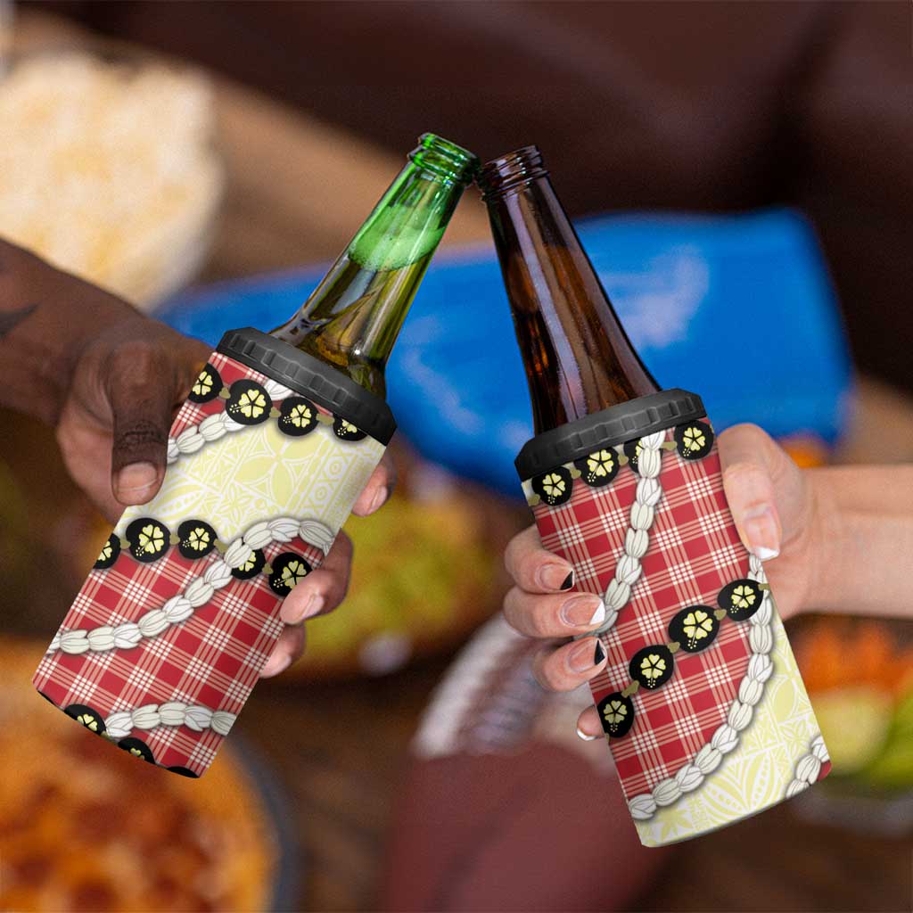 Red Palaka Hawaii 4 in 1 Can Cooler Tumbler Kukui Nut Pikake Lei Hawaiian Tapa Pattern - Polynesian Pride