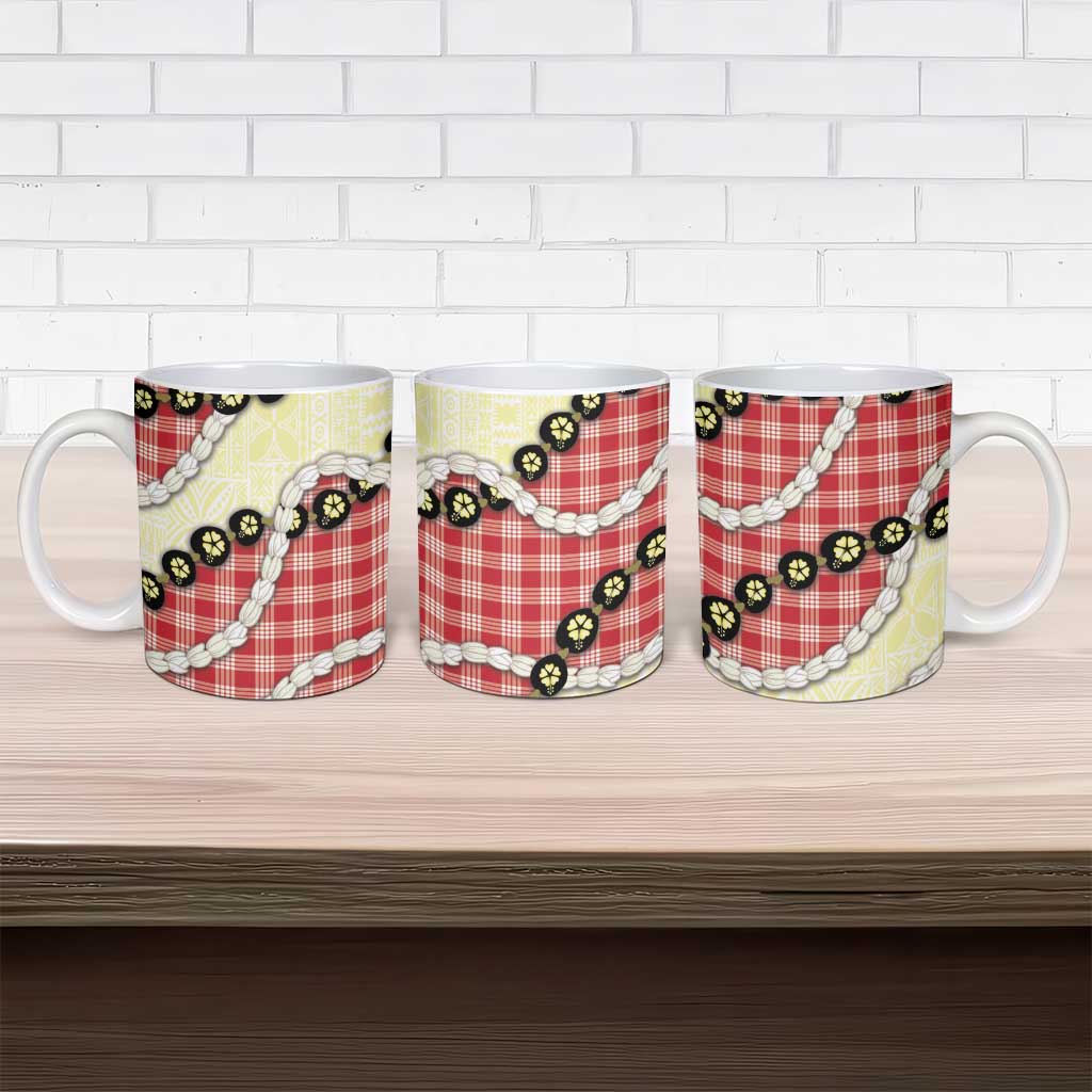 Red Palaka Hawaii Ceramic Mug Kukui Nut Pikake Lei Hawaiian Tapa Pattern - Polynesian Pride