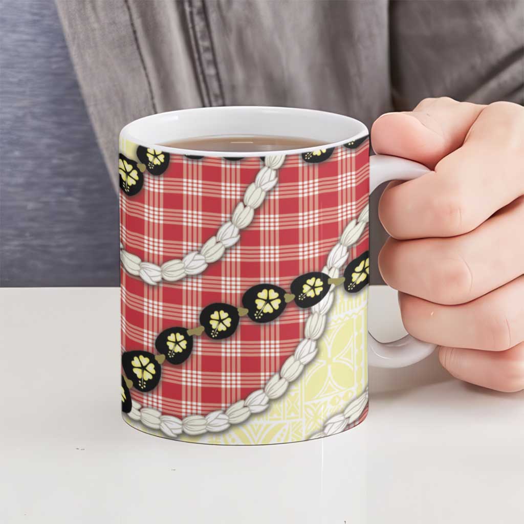 Red Palaka Hawaii Ceramic Mug Kukui Nut Pikake Lei Hawaiian Tapa Pattern - Polynesian Pride
