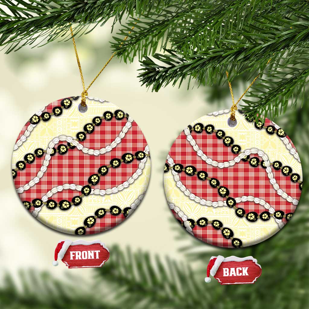 Red Palaka Hawaii Ceramic Ornament Kukui Nut Pikake Lei Hawaiian Tapa Pattern - Polynesian Pride