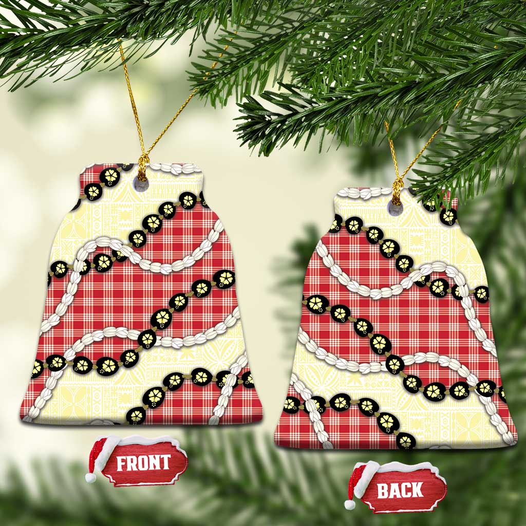 Red Palaka Hawaii Ceramic Ornament Kukui Nut Pikake Lei Hawaiian Tapa Pattern - Polynesian Pride