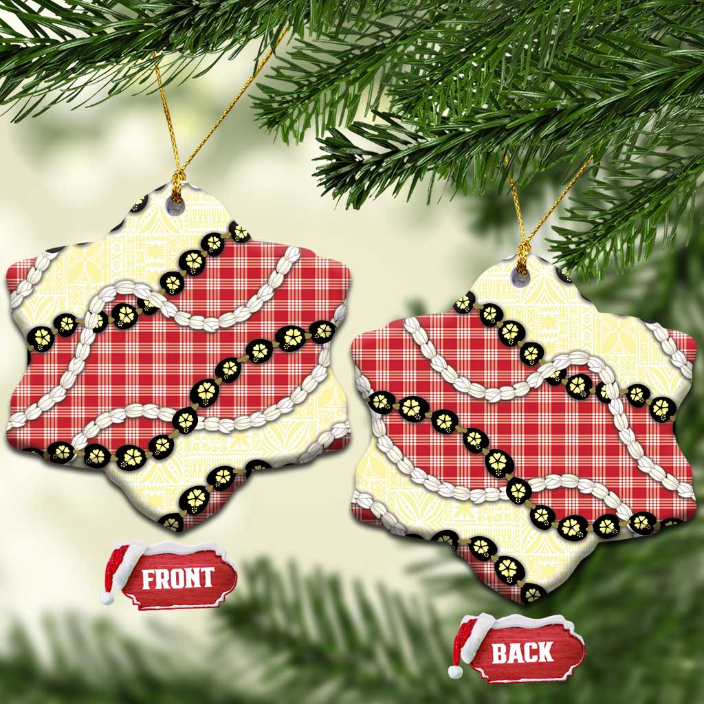 Red Palaka Hawaii Ceramic Ornament Kukui Nut Pikake Lei Hawaiian Tapa Pattern - Polynesian Pride