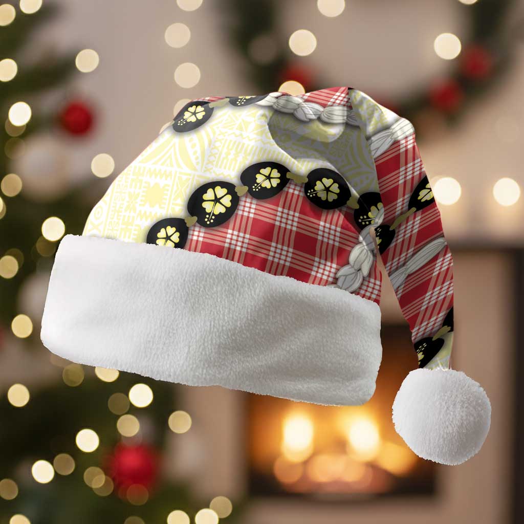 Red Palaka Hawaii Christmas Santa Hat Kukui Nut Pikake Lei Hawaiian Tapa Pattern - Polynesian Pride