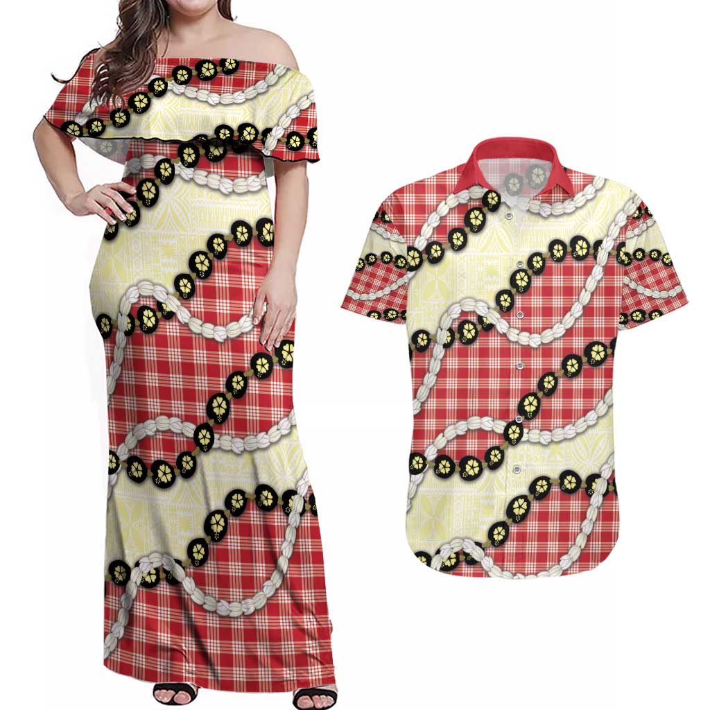Red Palaka Hawaii Couples Matching Off Shoulder Maxi Dress and Hawaiian Shirt Kukui Nut Pikake Lei Hawaiian Tapa Pattern - Polynesian Pride
