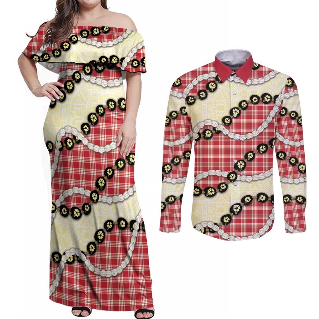 Red Palaka Hawaii Couples Matching Off Shoulder Maxi Dress and Long Sleeve Button Shirt Kukui Nut Pikake Lei Hawaiian Tapa Pattern - Polynesian Pride