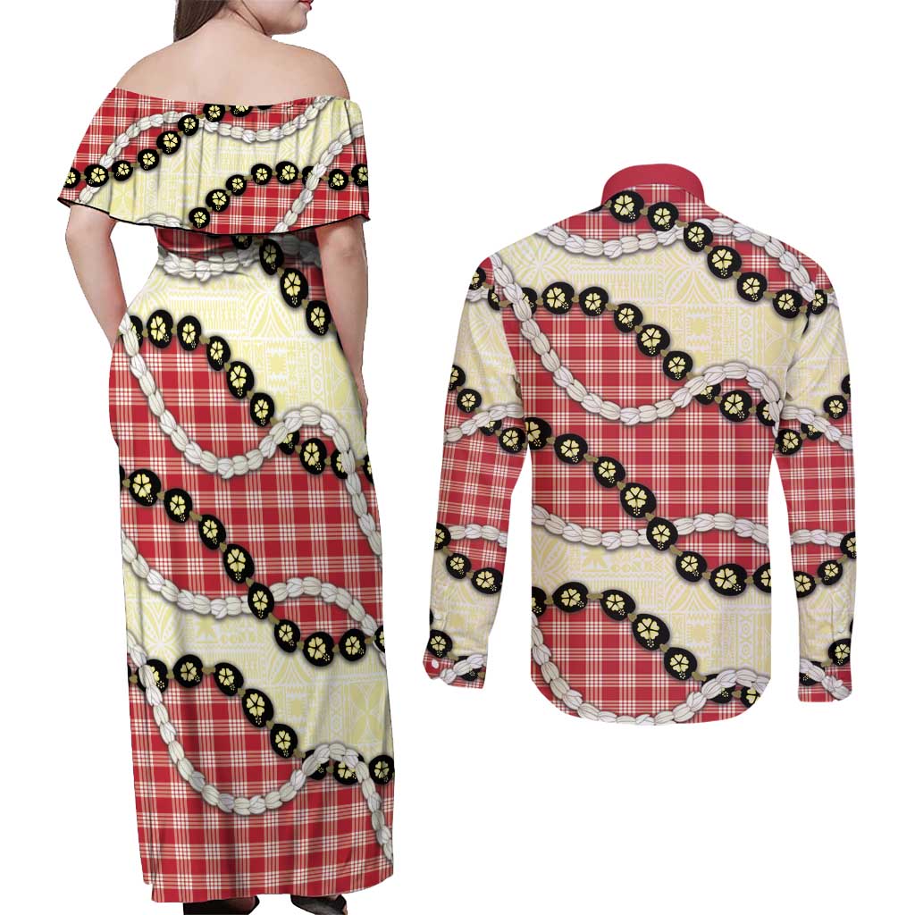 Red Palaka Hawaii Couples Matching Off Shoulder Maxi Dress and Long Sleeve Button Shirt Kukui Nut Pikake Lei Hawaiian Tapa Pattern - Polynesian Pride