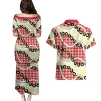 Red Palaka Hawaii Couples Matching Puletasi and Hawaiian Shirt Kukui Nut Pikake Lei Hawaiian Tapa Pattern - Polynesian Pride