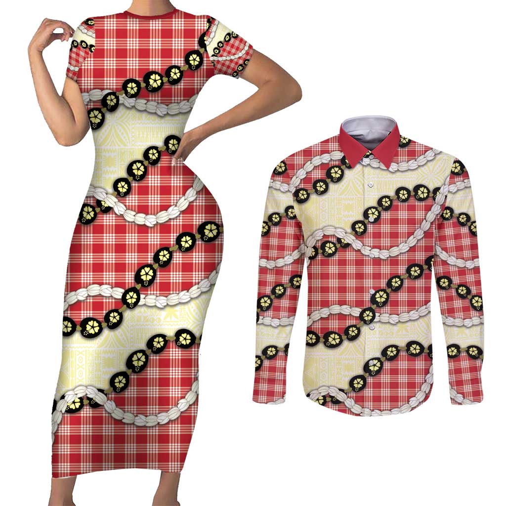 Red Palaka Hawaii Couples Matching Short Sleeve Bodycon Dress and Long Sleeve Button Shirt Kukui Nut Pikake Lei Hawaiian Tapa Pattern - Polynesian Pride