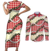 Red Palaka Hawaii Couples Matching Short Sleeve Bodycon Dress and Long Sleeve Button Shirt Kukui Nut Pikake Lei Hawaiian Tapa Pattern - Polynesian Pride