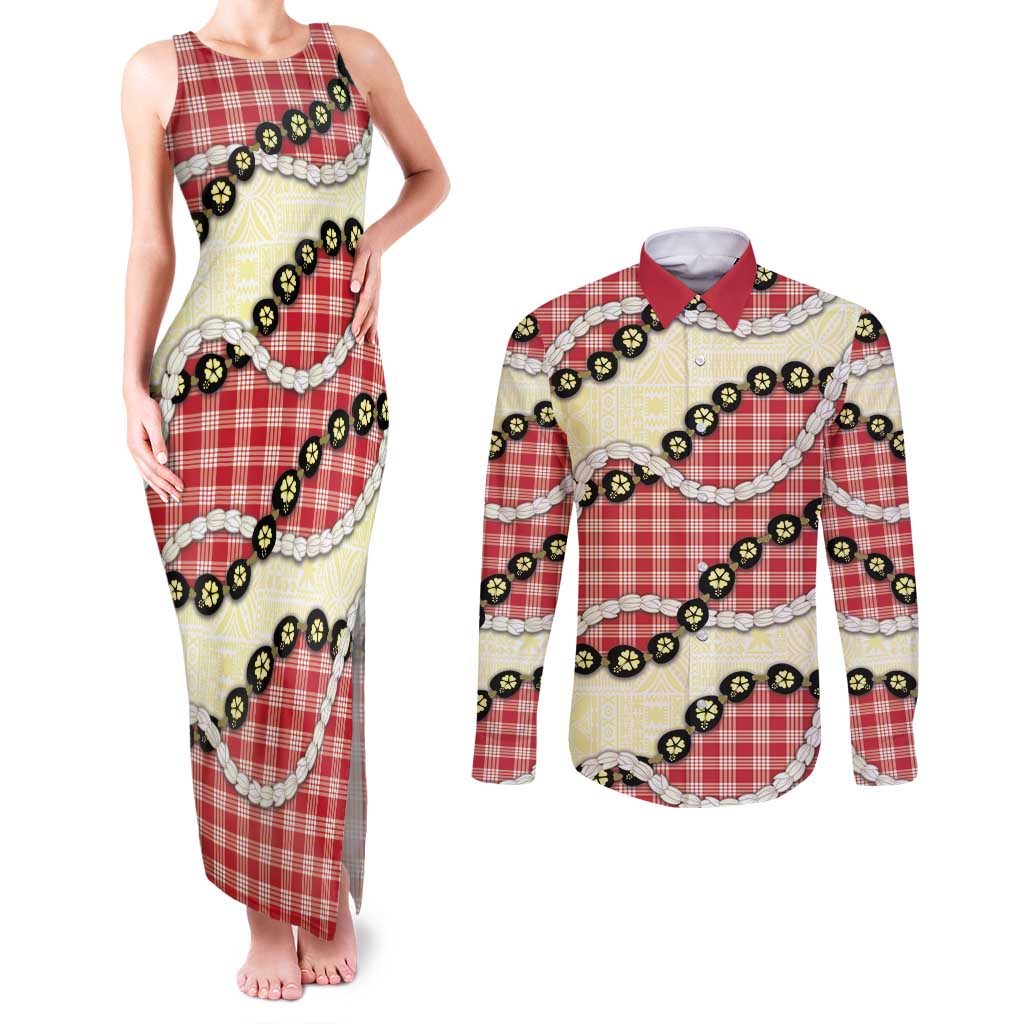 Red Palaka Hawaii Couples Matching Tank Maxi Dress and Long Sleeve Button Shirt Kukui Nut Pikake Lei Hawaiian Tapa Pattern - Polynesian Pride