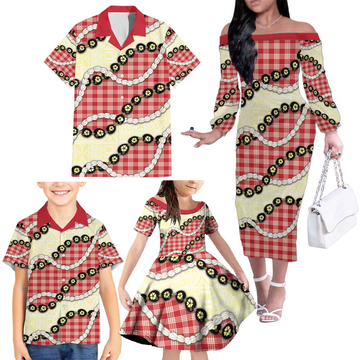 Red Palaka Hawaii Family Matching Off The Shoulder Long Sleeve Dress and Hawaiian Shirt Kukui Nut Pikake Lei Hawaiian Tapa Pattern - Polynesian Pride