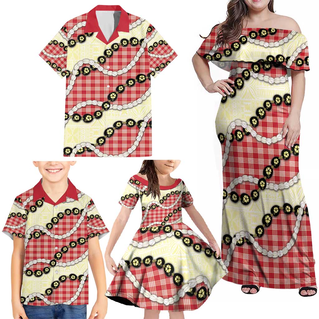 Red Palaka Hawaii Family Matching Off Shoulder Maxi Dress and Hawaiian Shirt Kukui Nut Pikake Lei Hawaiian Tapa Pattern - Polynesian Pride
