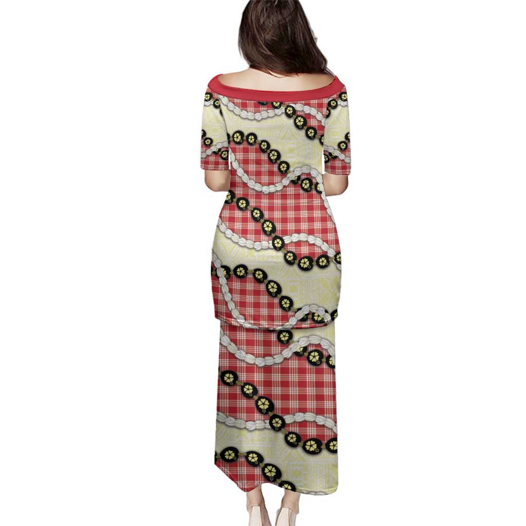 Red Palaka Hawaii Family Matching Puletasi and Hawaiian Shirt Kukui Nut Pikake Lei Hawaiian Tapa Pattern - Polynesian Pride