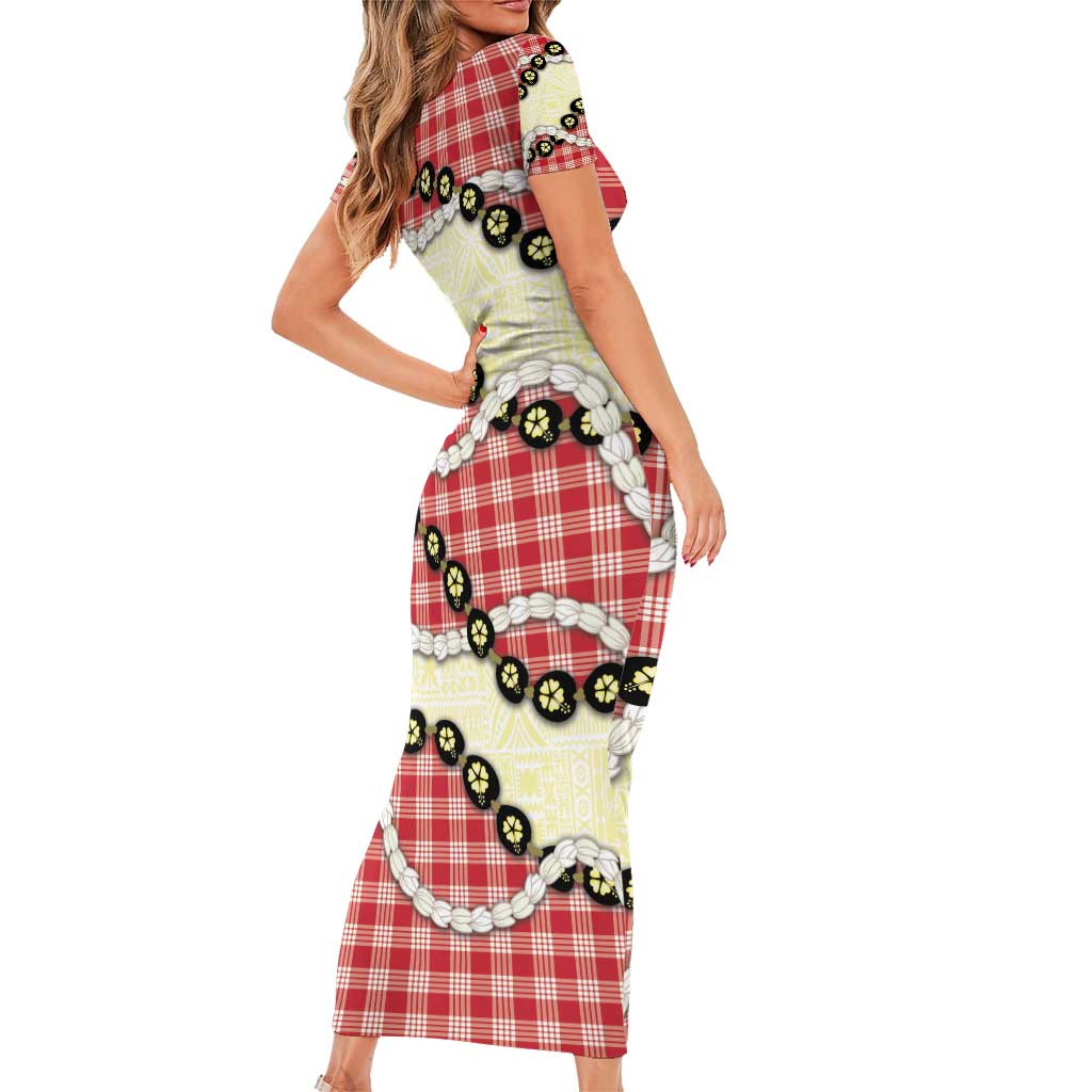Red Palaka Hawaii Family Matching Short Sleeve Bodycon Dress and Hawaiian Shirt Kukui Nut Pikake Lei Hawaiian Tapa Pattern - Polynesian Pride