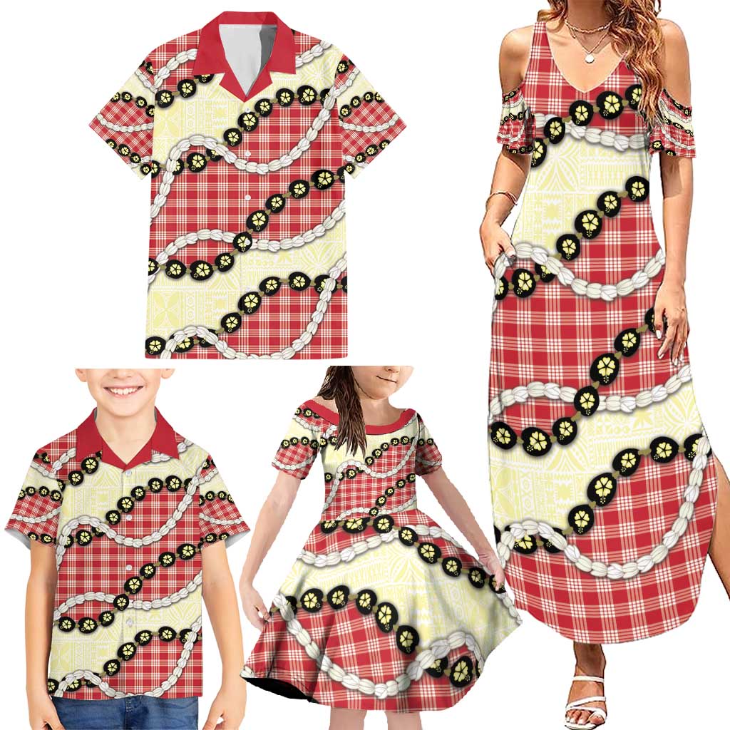 Red Palaka Hawaii Family Matching Summer Maxi Dress and Hawaiian Shirt Kukui Nut Pikake Lei Hawaiian Tapa Pattern - Polynesian Pride