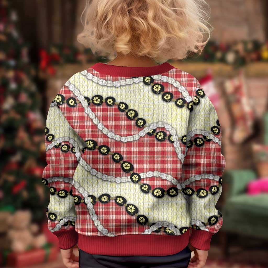 Red Palaka Hawaii Kid Ugly Christmas Sweater Kukui Nut Pikake Lei Hawaiian Tapa Pattern - Polynesian Pride