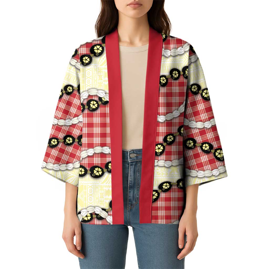 Red Palaka Hawaii Kimono Kukui Nut Pikake Lei Hawaiian Tapa Pattern - Polynesian Pride