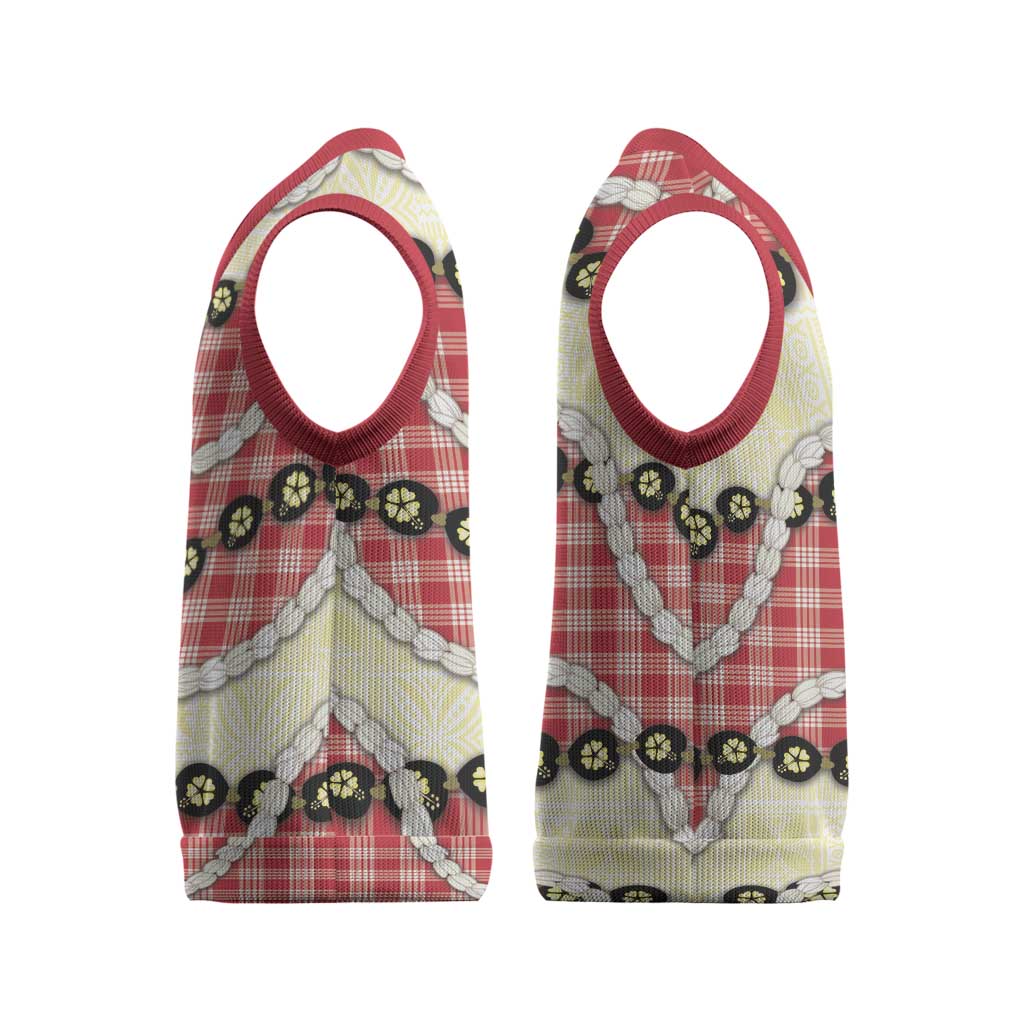 Red Palaka Hawaii Christmas Knitted V-Neck Vest Kukui Nut Pikake Lei Hawaiian Tapa Pattern - Polynesian Pride