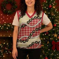 Red Palaka Hawaii Christmas Knitted V-Neck Vest Kukui Nut Pikake Lei Hawaiian Tapa Pattern - Polynesian Pride