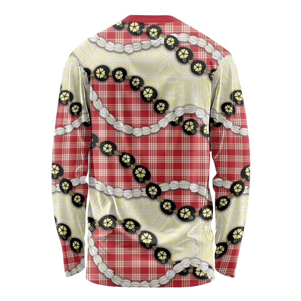 Red Palaka Hawaii Long Sleeve Shirt Kukui Nut Pikake Lei Hawaiian Tapa Pattern - Polynesian Pride