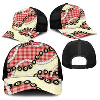 Red Palaka Hawaii Mesh Trucker Cap Kukui Nut Pikake Lei Hawaiian Tapa Pattern - Polynesian Pride