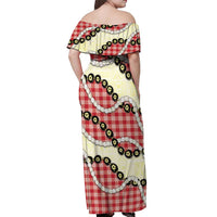 Red Palaka Hawaii Off Shoulder Maxi Dress Kukui Nut Pikake Lei Hawaiian Tapa Pattern - Polynesian Pride
