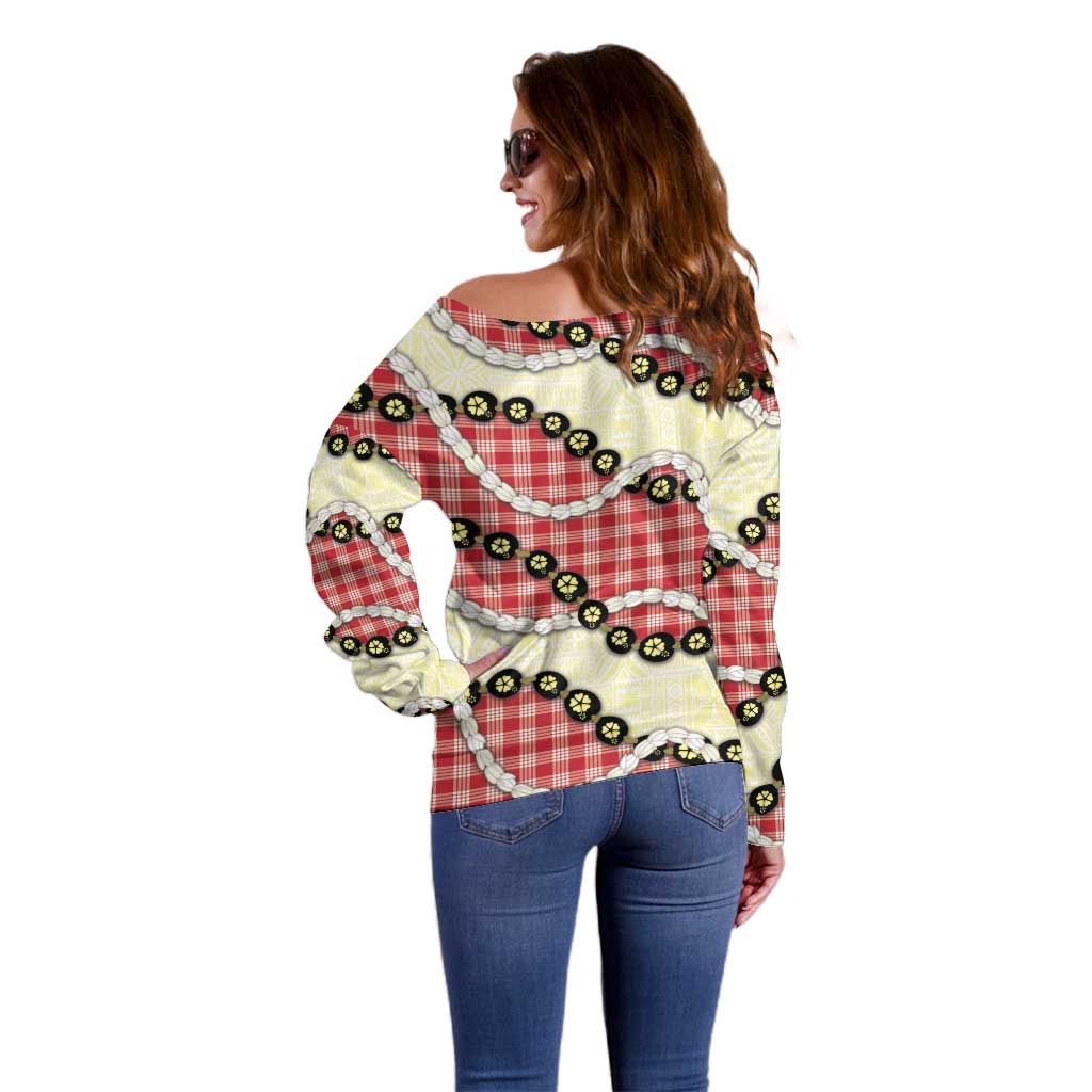 Red Palaka Hawaii Off Shoulder Sweater Kukui Nut Pikake Lei Hawaiian Tapa Pattern - Polynesian Pride