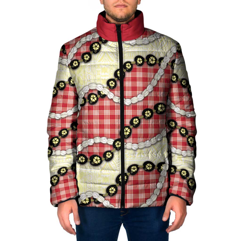 Red Palaka Hawaii Padded Jacket Kukui Nut Pikake Lei Hawaiian Tapa Pattern - Polynesian Pride