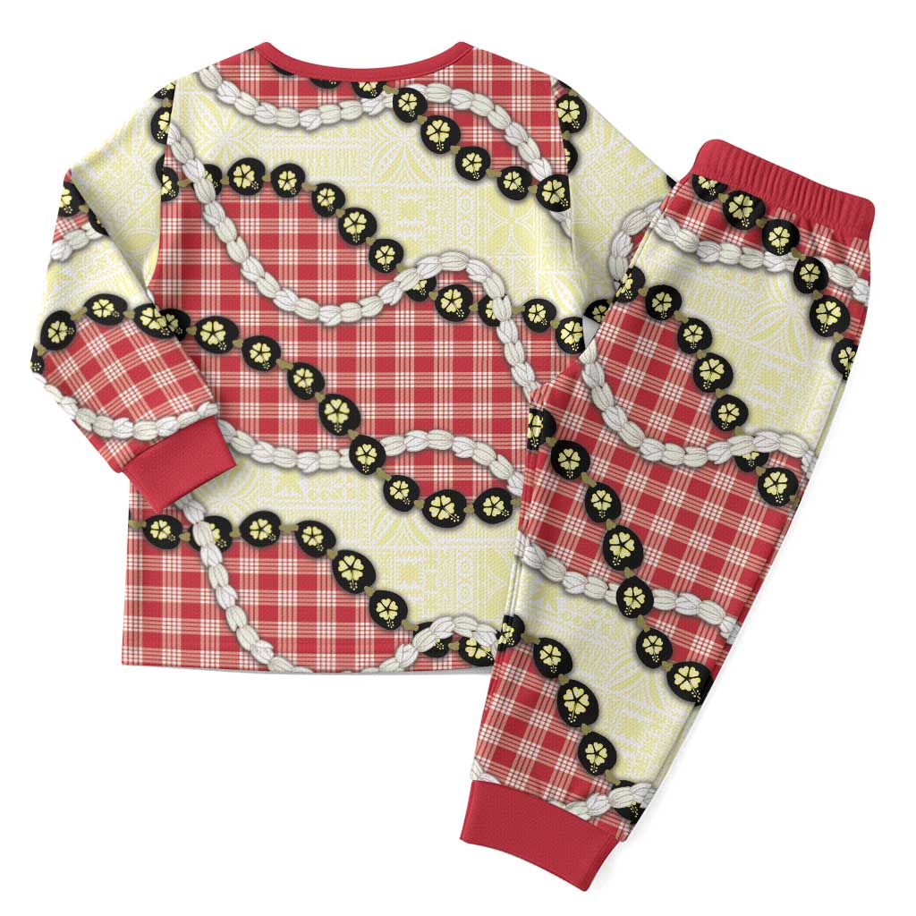 Red Palaka Hawaii Christmas Pajama Set Kukui Nut Pikake Lei Hawaiian Tapa Pattern - Polynesian Pride