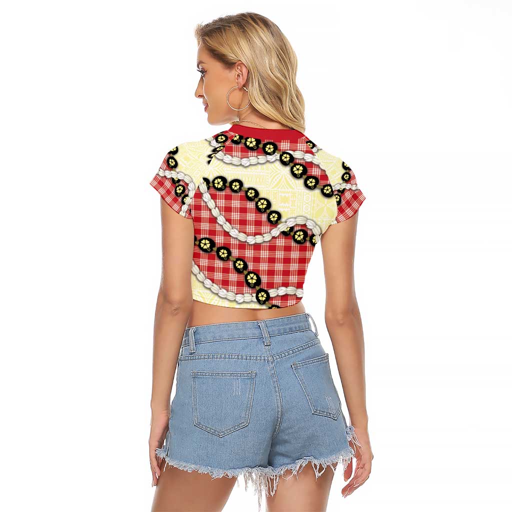 Red Palaka Hawaii Raglan Cropped T Shirt Kukui Nut Pikake Lei Hawaiian Tapa Pattern - Polynesian Pride