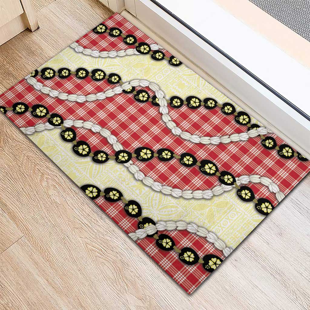 Red Palaka Hawaii Rubber Doormat Kukui Nut Pikake Lei Hawaiian Tapa Pattern - Polynesian Pride