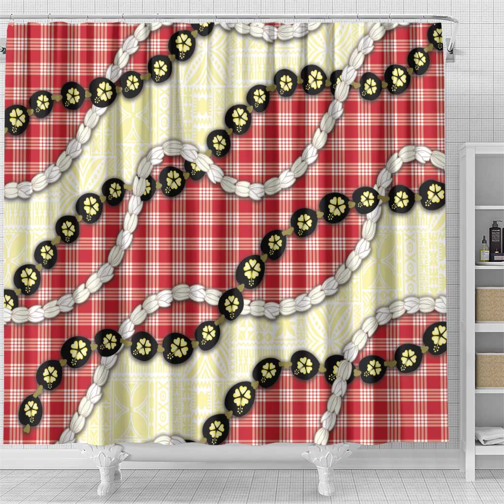 Red Palaka Hawaii Shower Curtain Kukui Nut Pikake Lei Hawaiian Tapa Pattern - Polynesian Pride