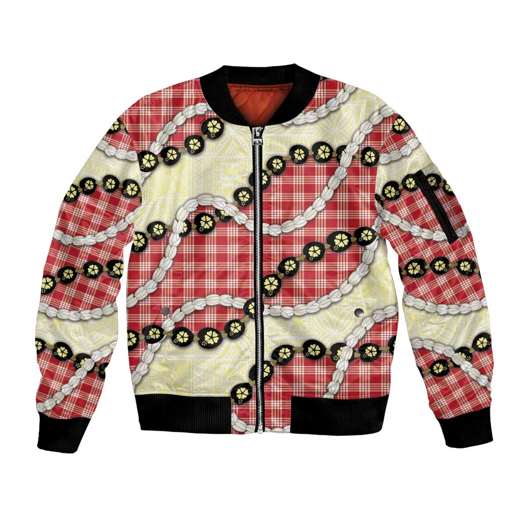 Red Palaka Hawaii Sleeve Zip Bomber Jacket Kukui Nut Pikake Lei Hawaiian Tapa Pattern LT14 Unisex Red - Polynesian Pride