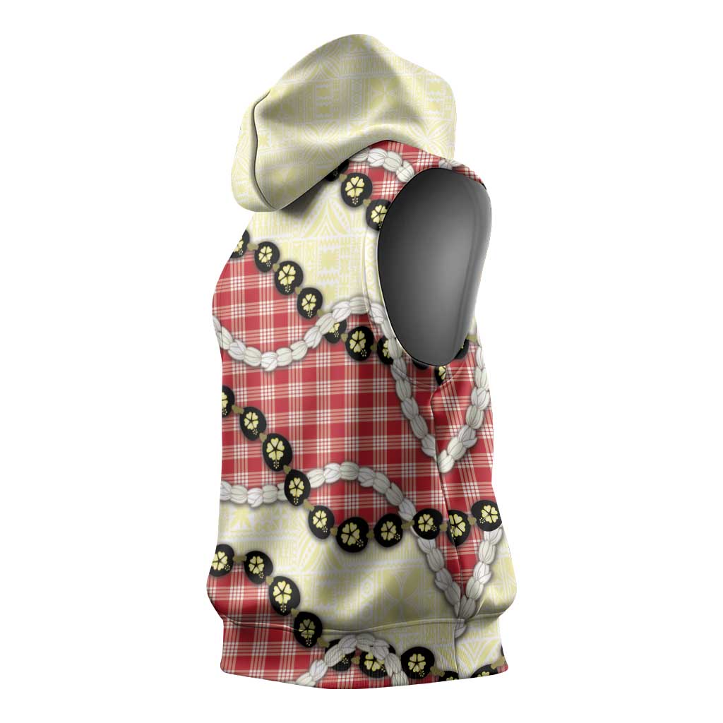 Red Palaka Hawaii Sleeveless Hoodie Kukui Nut Pikake Lei Hawaiian Tapa Pattern - Polynesian Pride