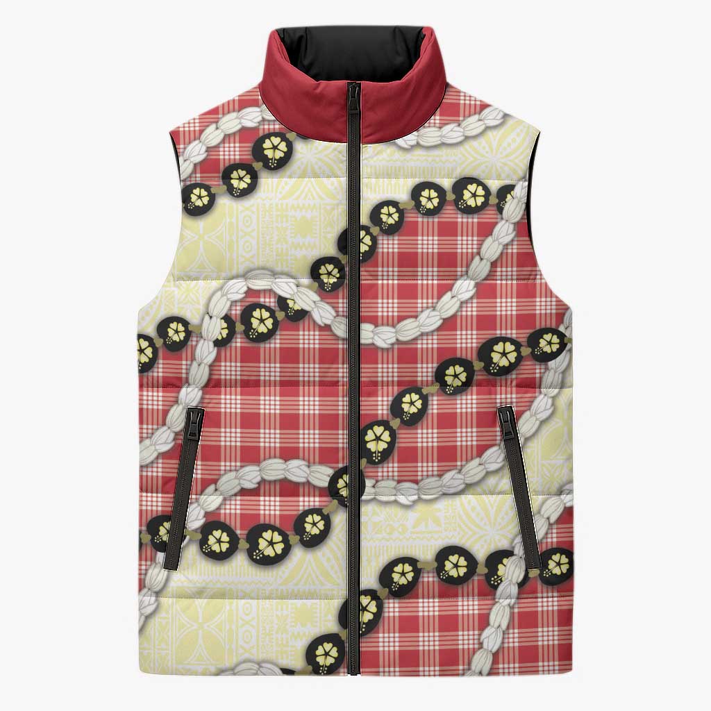 Red Palaka Hawaii Sleeveless Puffer Jacket Kukui Nut Pikake Lei Hawaiian Tapa Pattern - Polynesian Pride