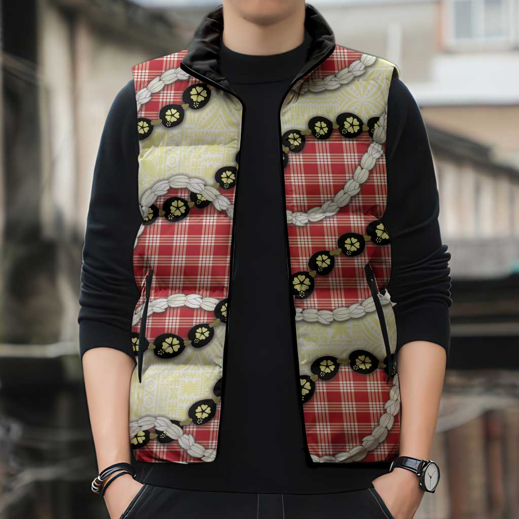 Red Palaka Hawaii Sleeveless Puffer Jacket Kukui Nut Pikake Lei Hawaiian Tapa Pattern - Polynesian Pride