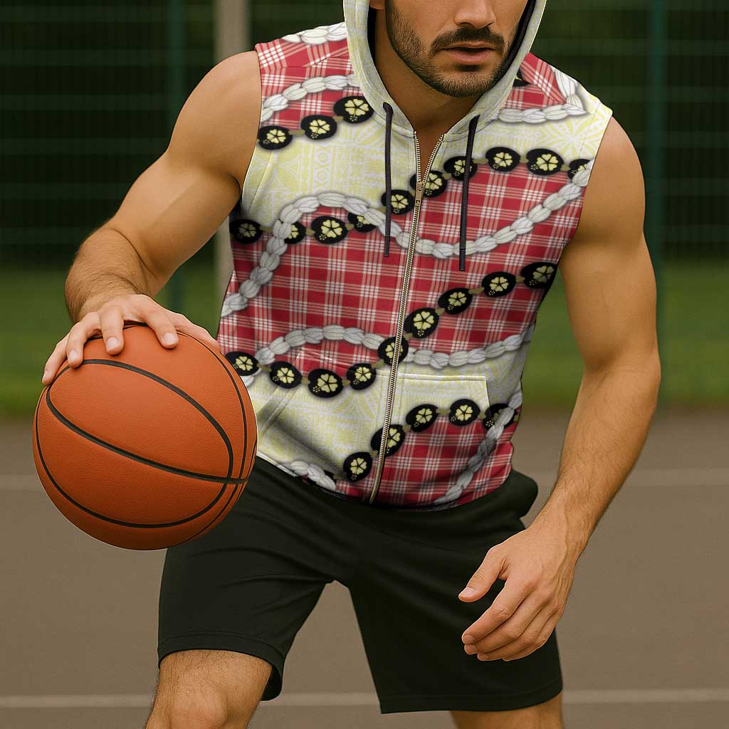 Red Palaka Hawaii Sleeveless Zip Hoodie Kukui Nut Pikake Lei Hawaiian Tapa Pattern - Polynesian Pride