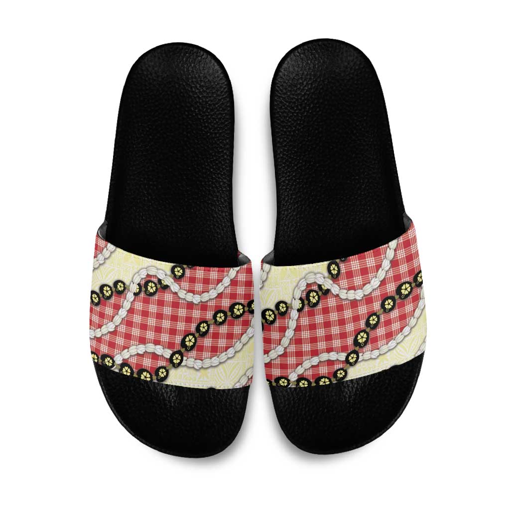 Red Palaka Hawaii Slide Sandals Kukui Nut Pikake Lei Hawaiian Tapa Pattern LT14 Red - Polynesian Pride