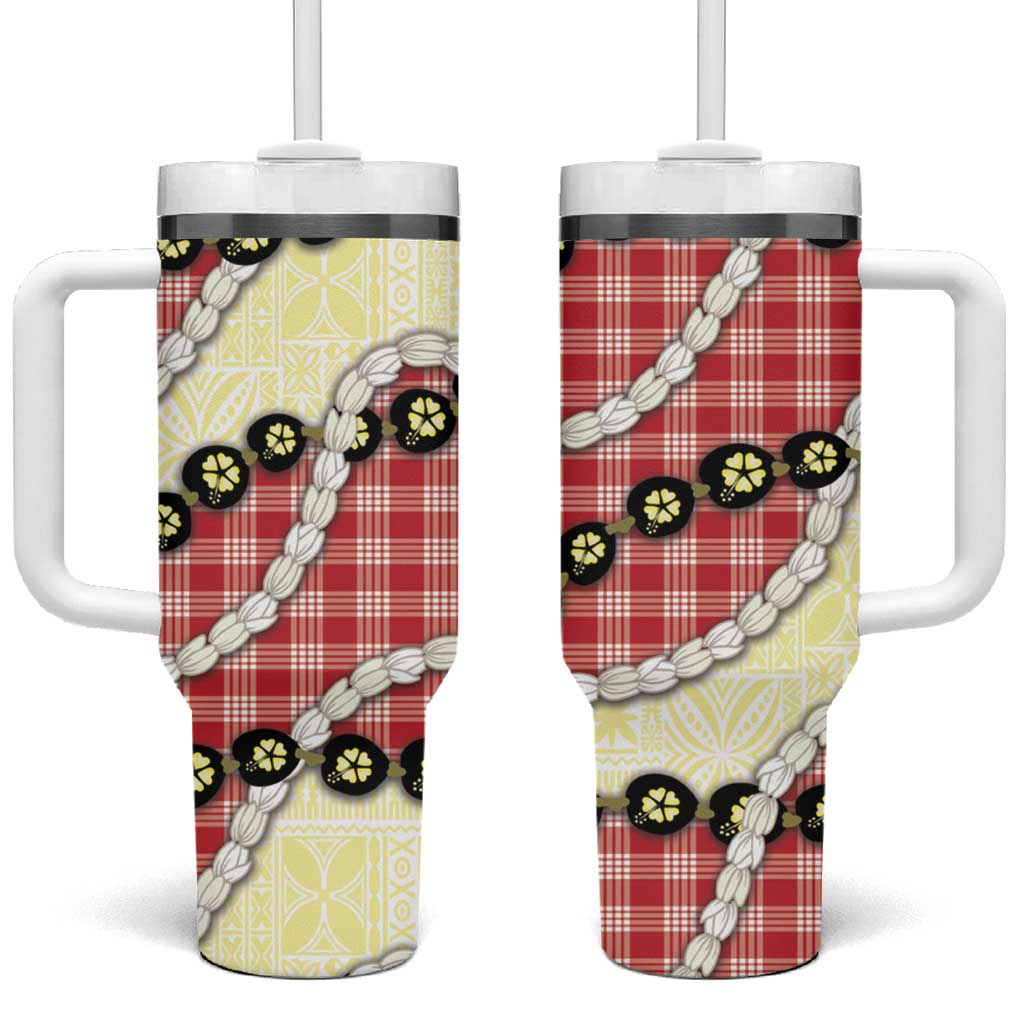 Red Palaka Hawaii Tumbler With Handle Kukui Nut Pikake Lei Hawaiian Tapa Pattern - Polynesian Pride