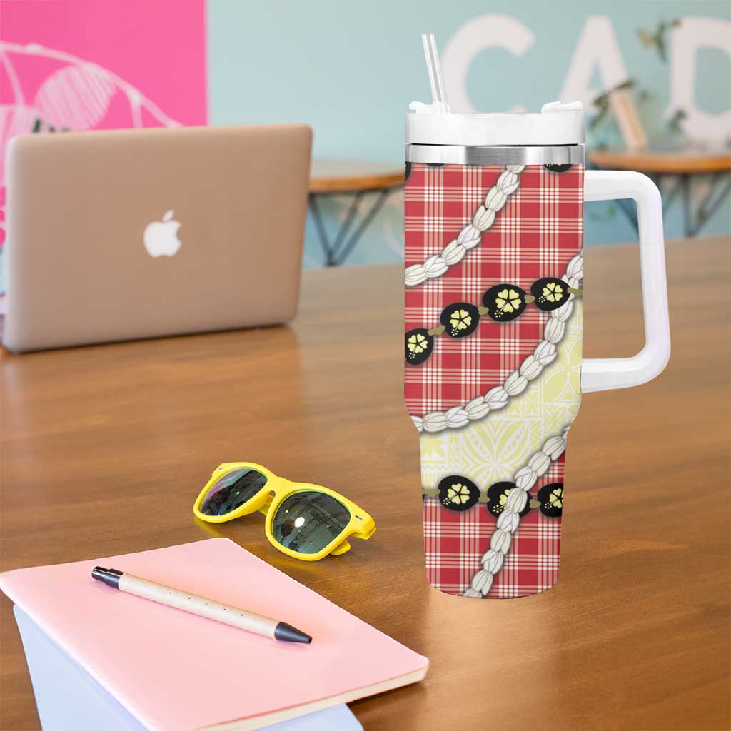 Red Palaka Hawaii Tumbler With Handle Kukui Nut Pikake Lei Hawaiian Tapa Pattern - Polynesian Pride