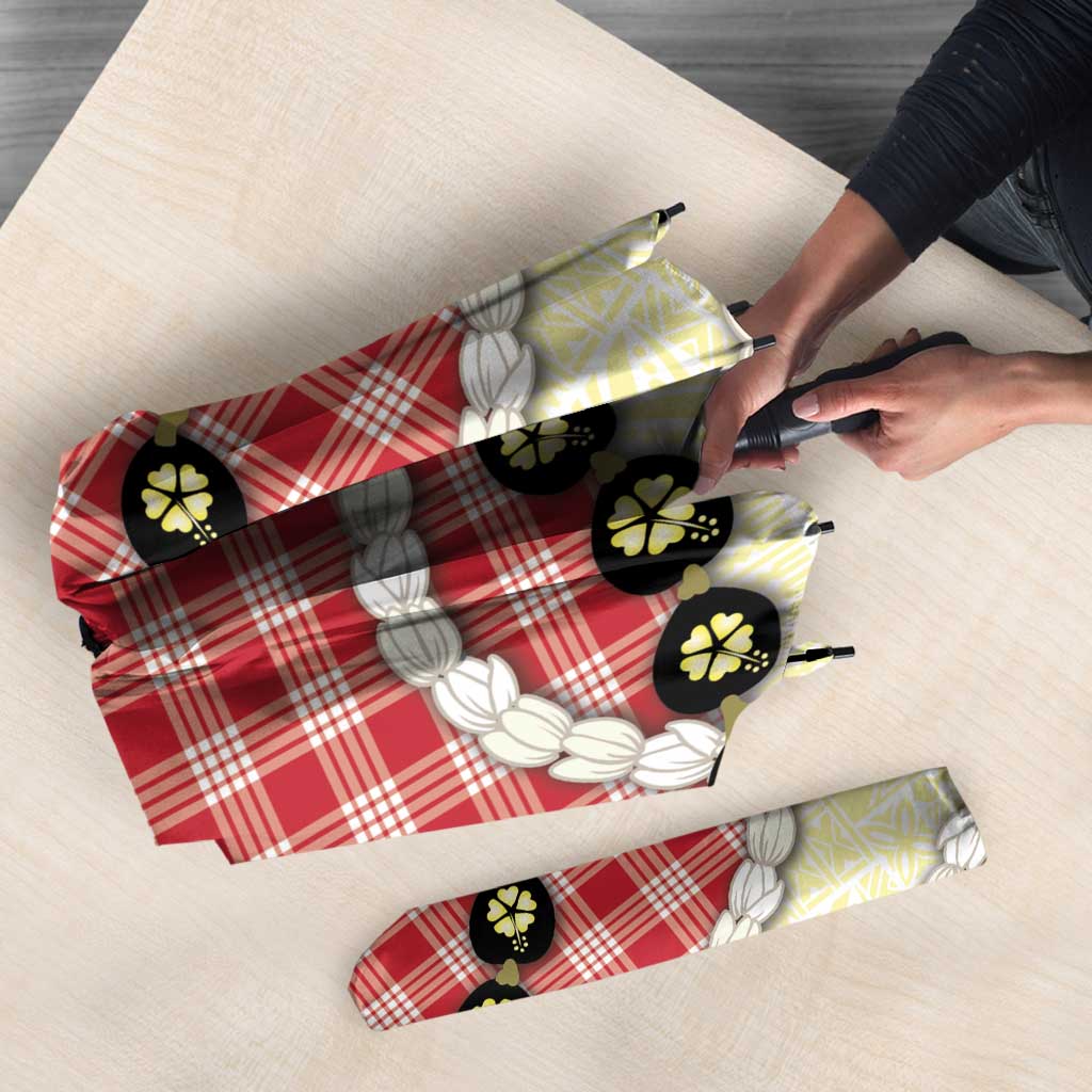 Red Palaka Hawaii Umbrella Kukui Nut Pikake Lei Hawaiian Tapa Pattern - Polynesian Pride