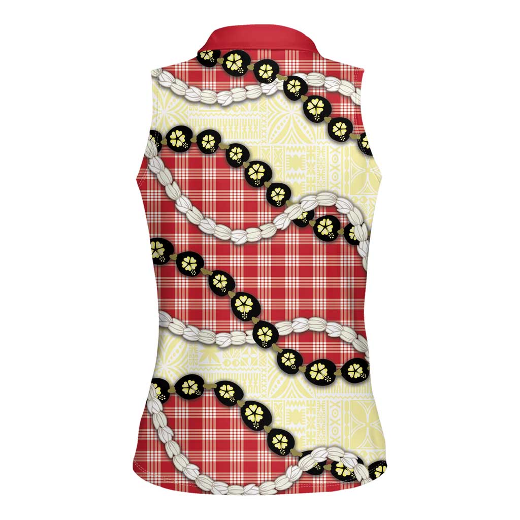Red Palaka Hawaii Women Sleeveless Polo Shirt Kukui Nut Pikake Lei Hawaiian Tapa Pattern - Polynesian Pride