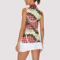 Red Palaka Hawaii Women Sleeveless Polo Shirt Kukui Nut Pikake Lei Hawaiian Tapa Pattern - Polynesian Pride