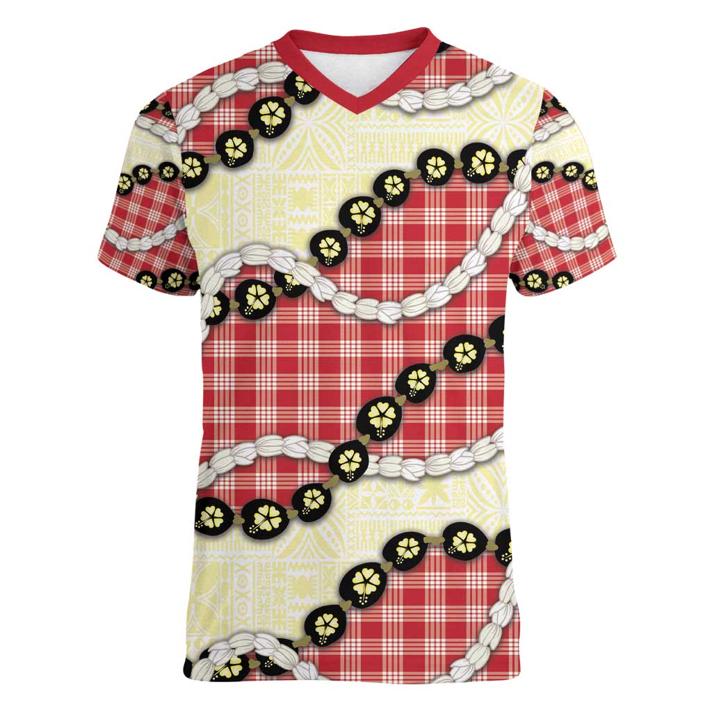Red Palaka Hawaii Women V-Neck T-Shirt Kukui Nut Pikake Lei Hawaiian Tapa Pattern - Polynesian Pride