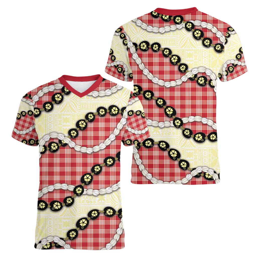 Red Palaka Hawaii Women V-Neck T-Shirt Kukui Nut Pikake Lei Hawaiian Tapa Pattern - Polynesian Pride