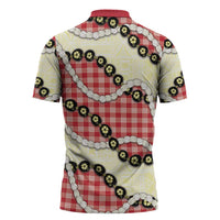 Red Palaka Hawaii Zipper Polo Shirt Kukui Nut Pikake Lei Hawaiian Tapa Pattern - Polynesian Pride