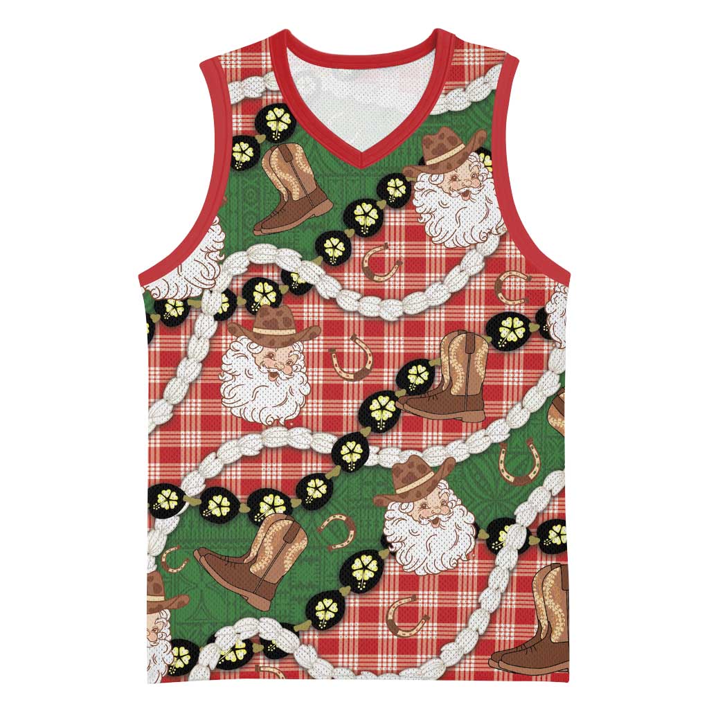 Cowboy Hawaii Mele Kalikimaka Basketball Jersey Paniolo Kukui Nut Pikake Lei Red Version - Polynesian Pride