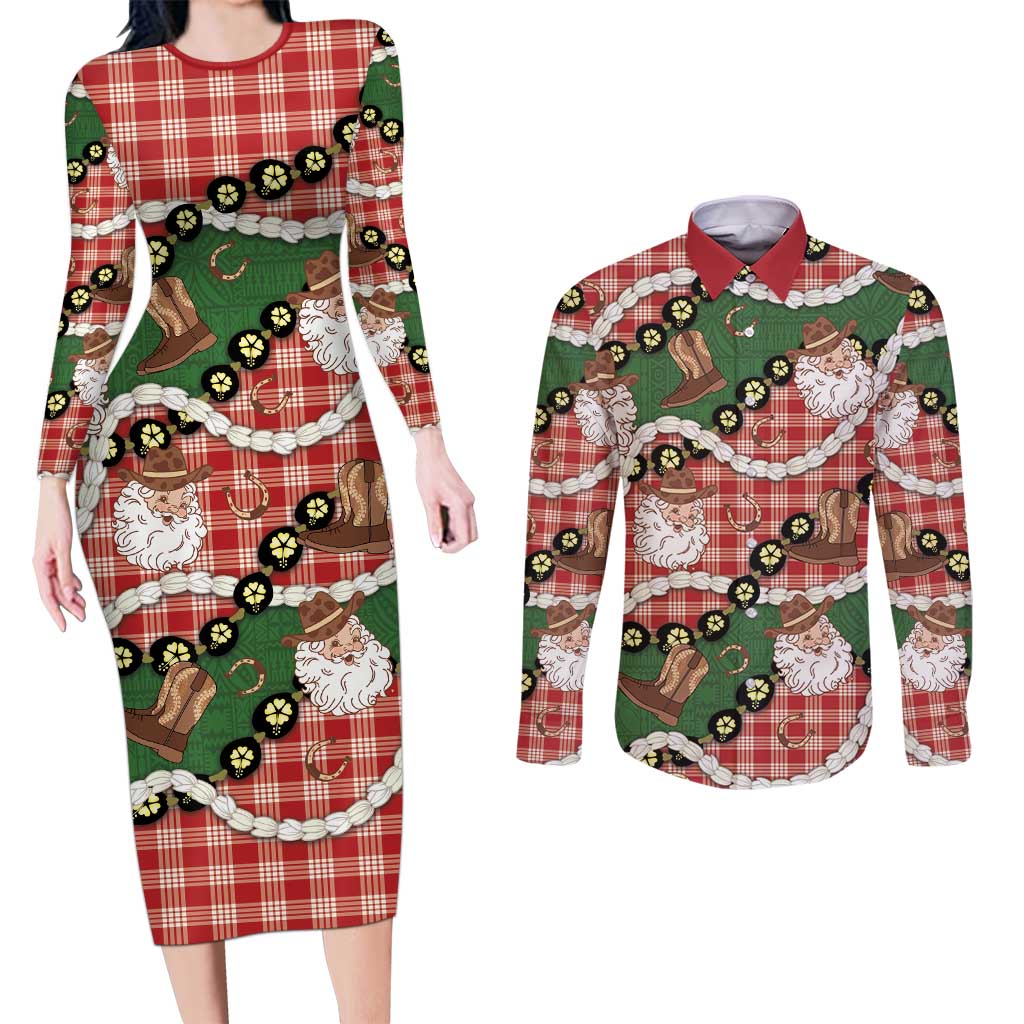Cowboy Hawaii Mele Kalikimaka Couples Matching Long Sleeve Bodycon Dress and Long Sleeve Button Shirt Paniolo Kukui Nut Pikake Lei Red Version LT14 Red - Polynesian Pride
