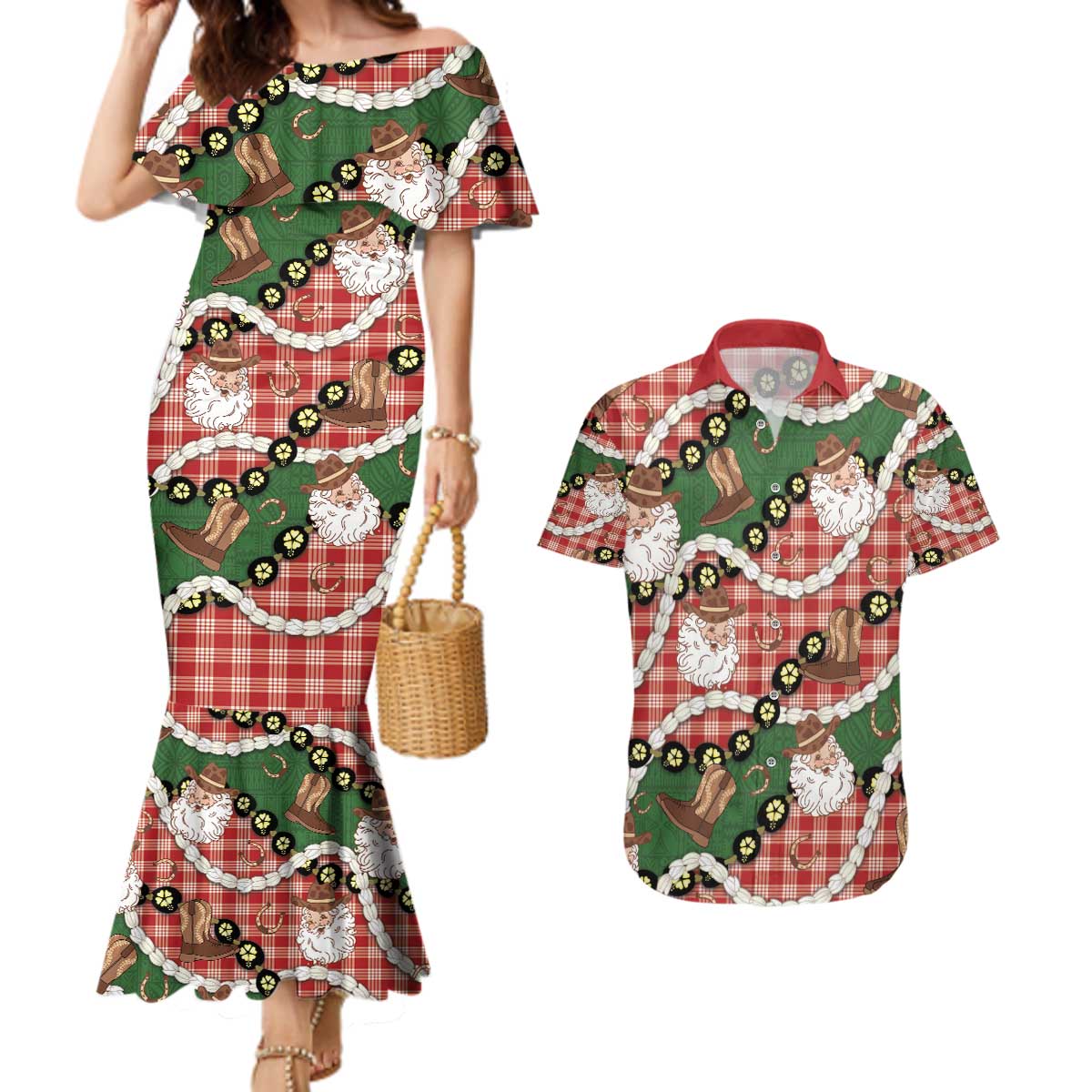 Cowboy Hawaii Mele Kalikimaka Couples Matching Mermaid Dress and Hawaiian Shirt Paniolo Kukui Nut Pikake Lei Red Version - Polynesian Pride